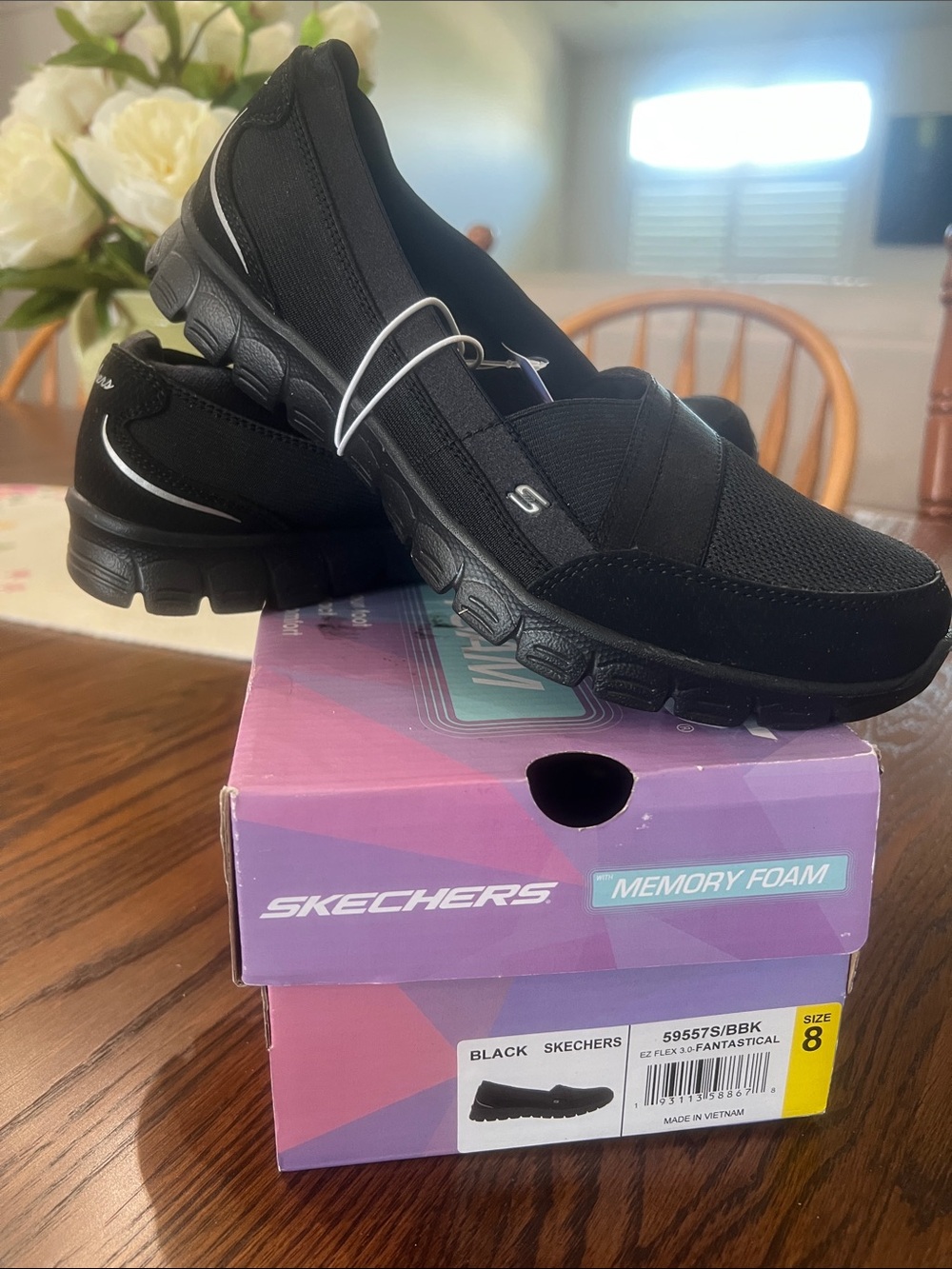 Skechers Black Slip-On Knit Memory Foam Walking Shoes